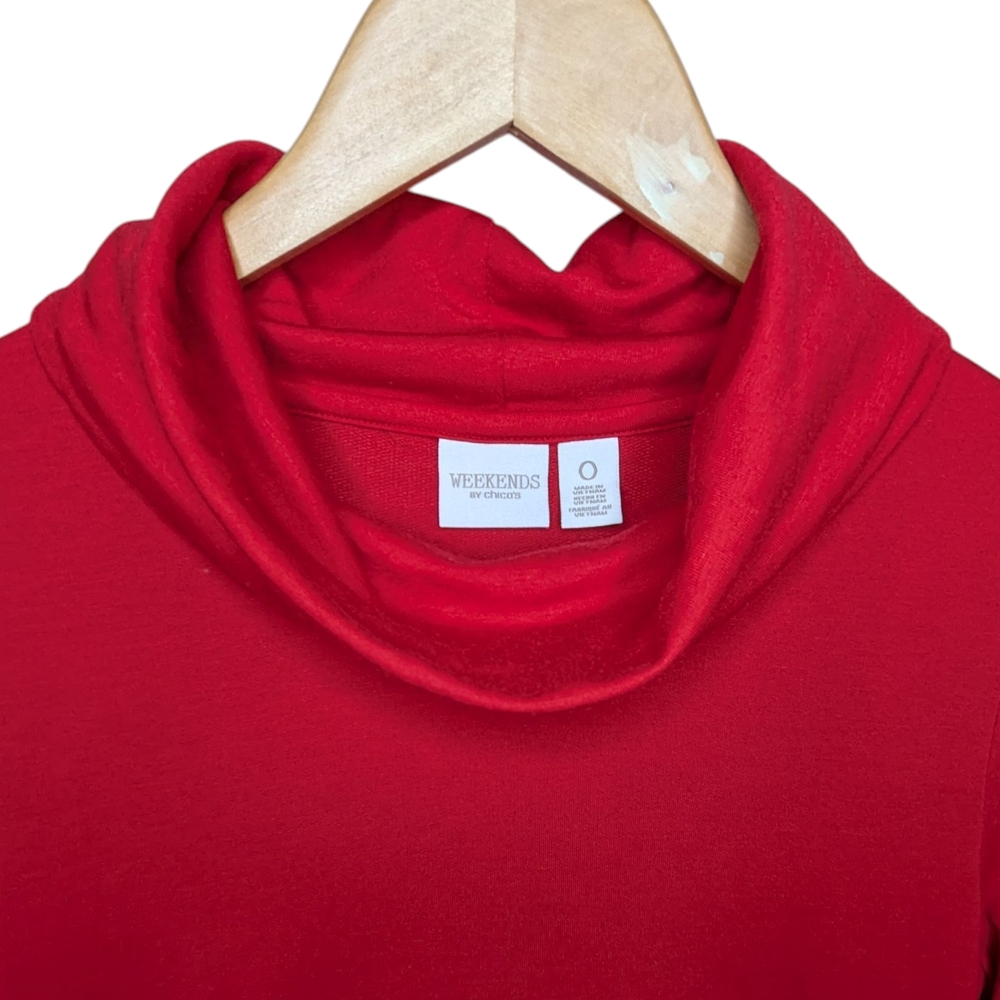 Weekends by Chicos Tunic Top 0/Small Red Cowl Neck Long Sleeve Asymmetrical Hem - Picture 6 of 12